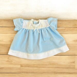 Vintage Handmade Blue Baby Dress with Lace Trim Bow Button Retro Sz 0-6 Months